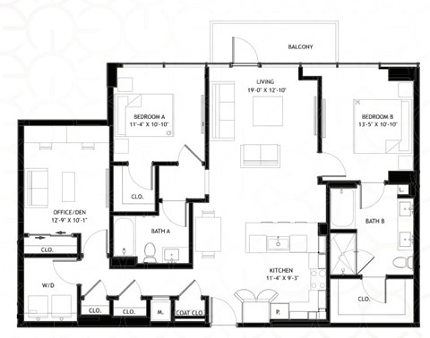 Floor plan for 2 beds, 2 baths, 1370 sqft