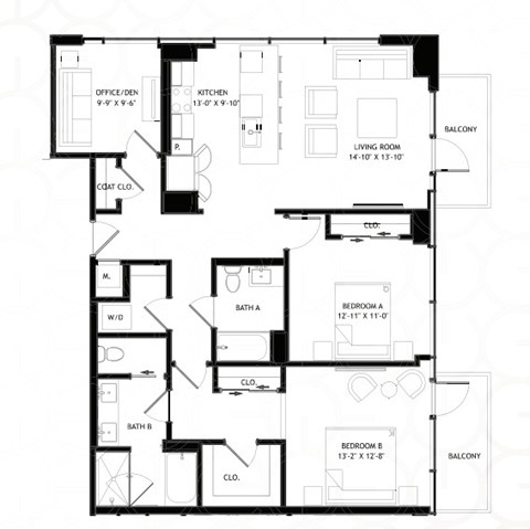Floor plan for 2 beds, 2 baths, 1356 sqft