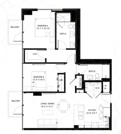 Floor plan for 2 beds, 2 baths, 1067 sqft