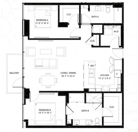 Floor plan for 2 beds, 2 baths, 1178 sqft