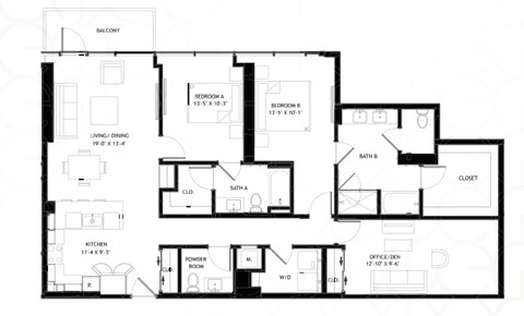 Floor plan for 2 beds, 2 baths, 1614 sqft