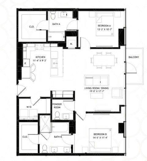 Floor plan for 2 beds, 2 baths, 1277 sqft