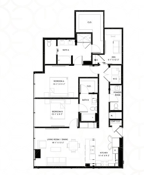Floor plan for 2 beds, 2 baths, 1488 sqft
