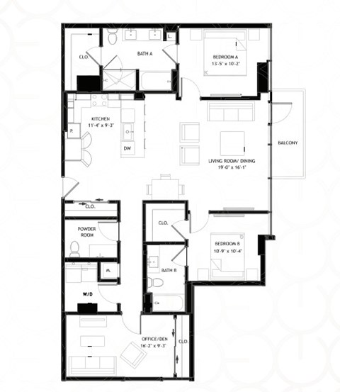 Floor plan for 2 beds, 2 baths, 1149 sqft