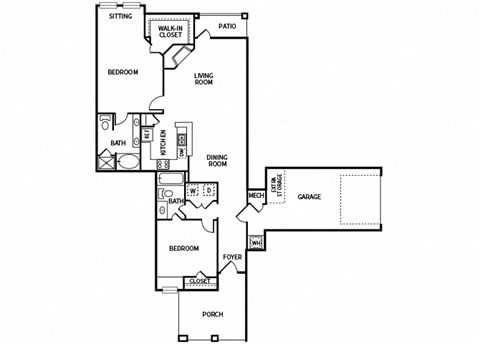 Floor plan for 2 beds, 2 baths, 1266 sqft
