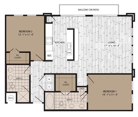 Floor plan for 2 beds, 2 baths, 1273 sqft