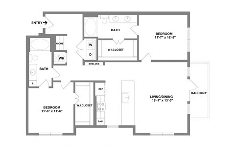 Floor plan for 2 beds, 2 baths, 1235 sqft