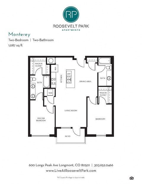 Floor plan for 2 beds, 2 baths, 1087 sqft