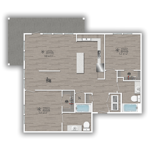 Floor plan for 2 beds, 2 baths, 1156 sqft