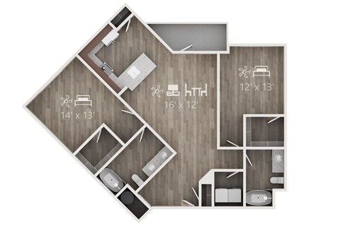 Floor plan for 2 beds, 2 baths, 1300 sqft