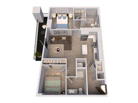 Floor plan for 2 beds, 2 baths, 862 sqft