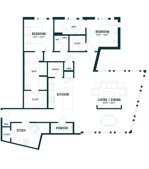 Floor plan for 2 beds, 2 baths, 1887 sqft