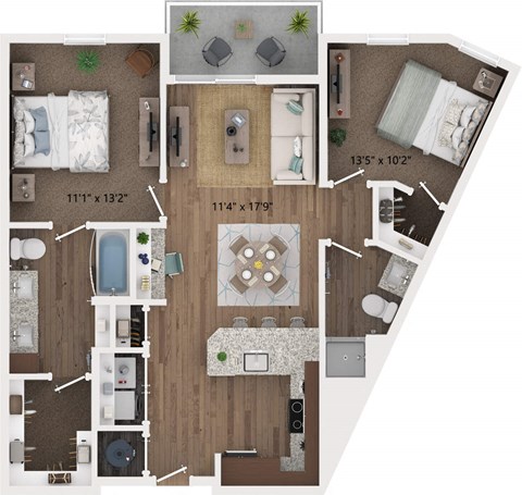 Floor plan for 2 beds, 2 baths, 978 sqft