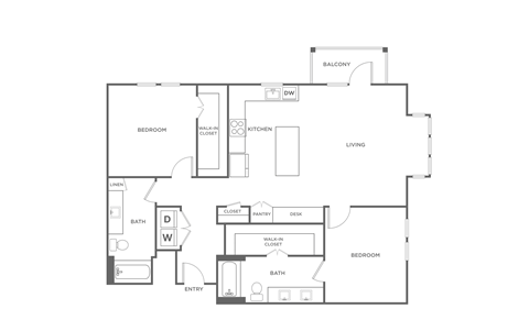 Floor plan for 2 beds, 2 baths, 1319 sqft