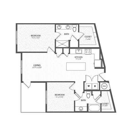 Floor plan for 2 beds, 2 baths, 1137 sqft