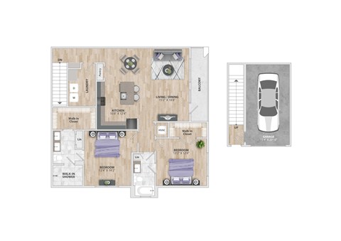 Floor plan for 2 beds, 2 baths, 1370 sqft
