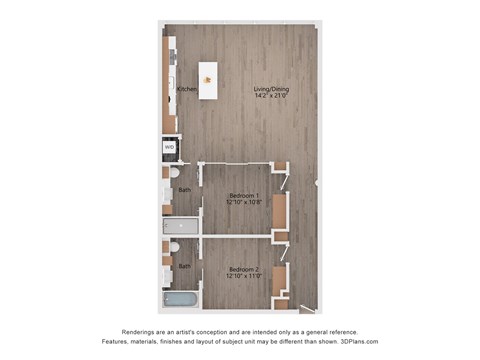 Floor plan for 2 beds, 2 baths, 1265 sqft