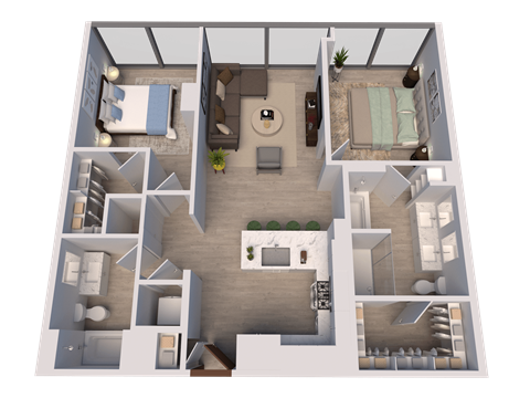 Floor plan for 2 beds, 2 baths, 1021 sqft
