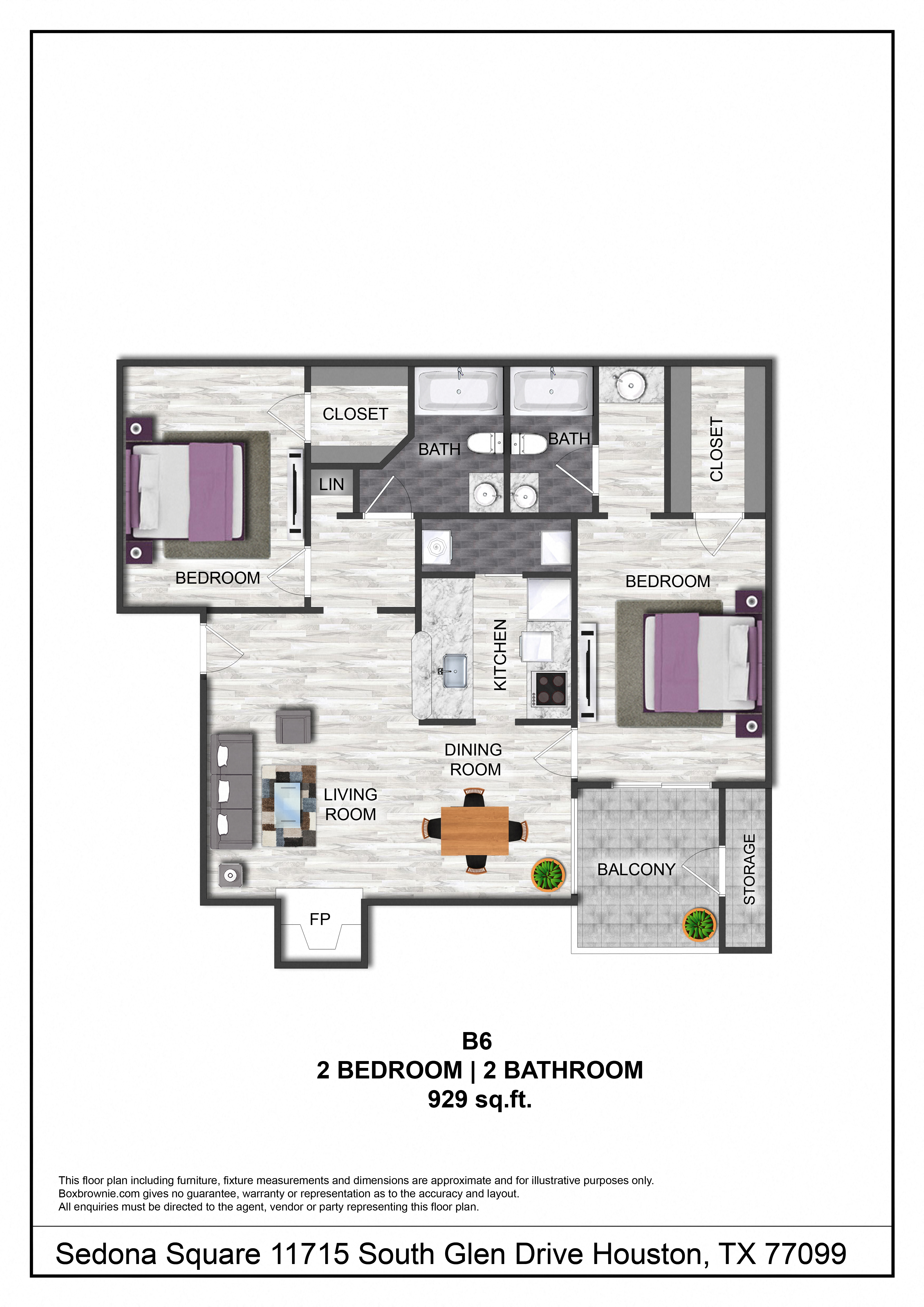 Floor plan for 2 beds, 2 baths, 929 sqft