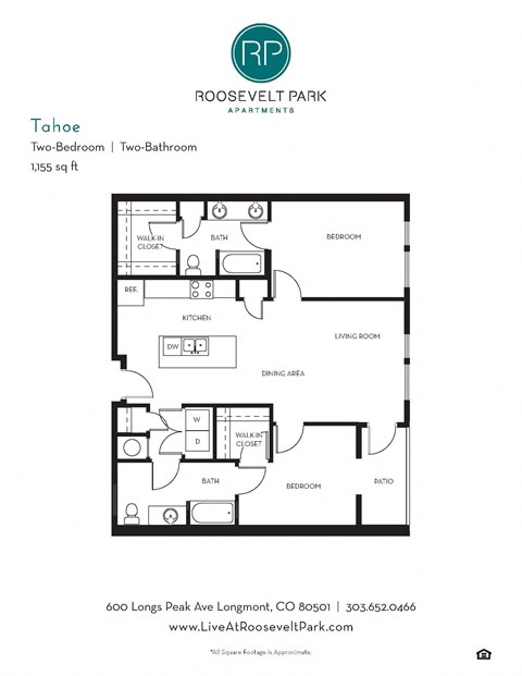 Floor plan for 2 beds, 2 baths, 1155 sqft