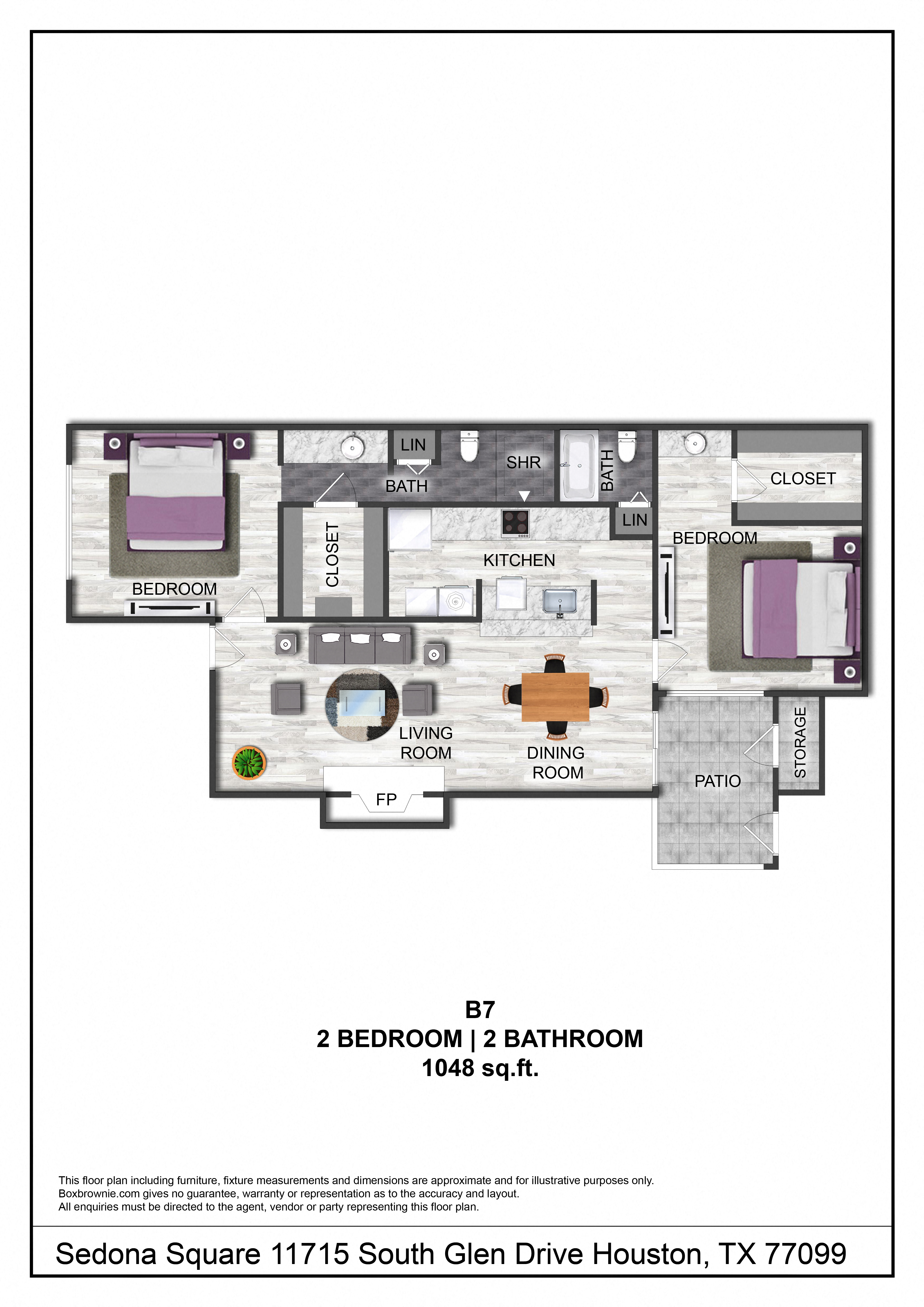 Floor plan for 2 beds, 2 baths, 1048 sqft
