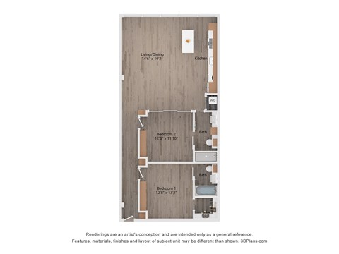 Floor plan for 2 beds, 2 baths, 1496 sqft