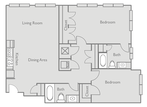 Floor plan for 2 beds, 2.5 baths, 1272 sqft