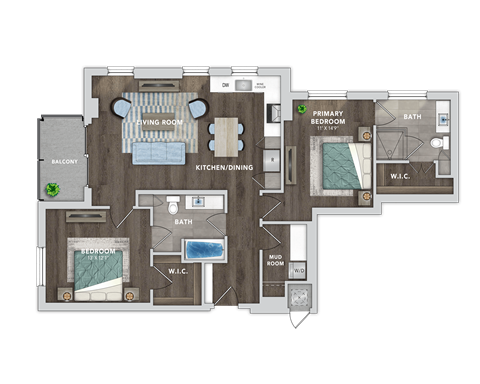 Floor plan for 2 beds, 2 baths, 1202 sqft
