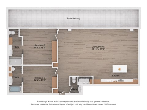 Floor plan for 2 beds, 2 baths, 1389 sqft