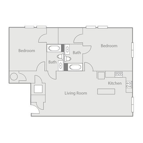 Floor plan for 2 beds, 2 baths, 1215 sqft
