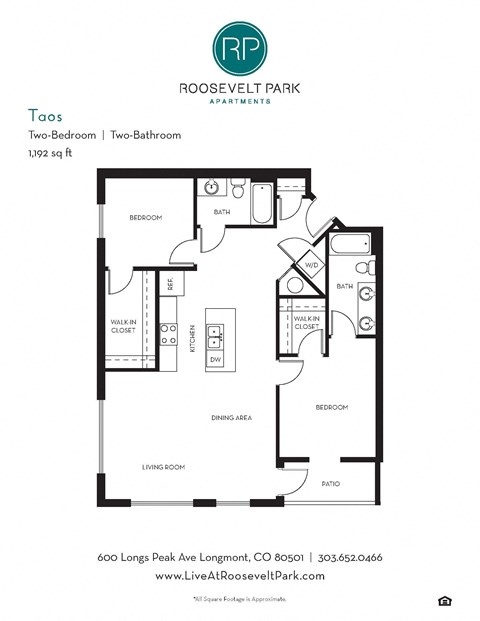 Floor plan for 2 beds, 2 baths, 1192 sqft