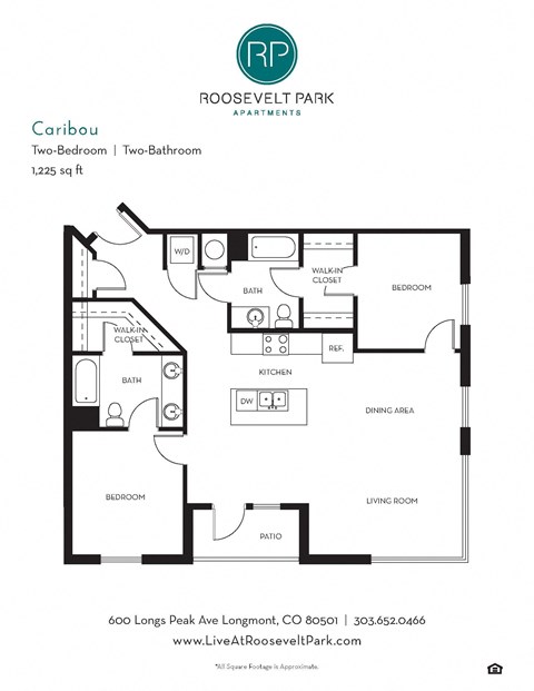 Floor plan for 2 beds, 2 baths, 1225 sqft