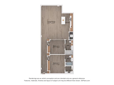 Floor plan for 2 beds, 2 baths, 1439 sqft