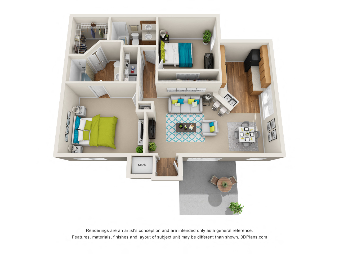 Floor plan for 2 beds, 2 baths, 980 sqft
