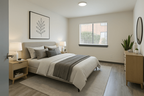 El Paso apartment for rent - A bedroom with a large bed and a framed leaf picture on the wall.
