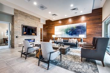 Irving apartment for rent - A modern living room with a stone fireplace and a large abstract painting on the wall.