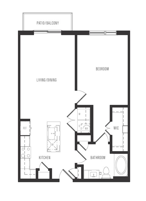 Floor plan for 1 bed, 1 bath, 764 sqft