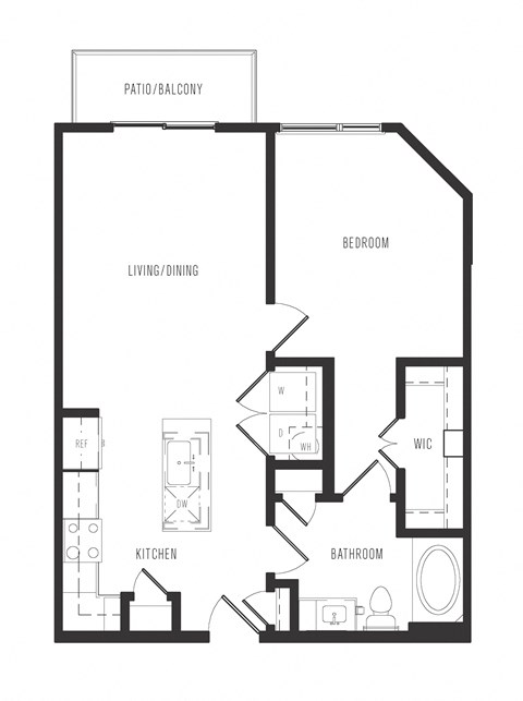 Floor plan for 1 bed, 1 bath, 708 sqft