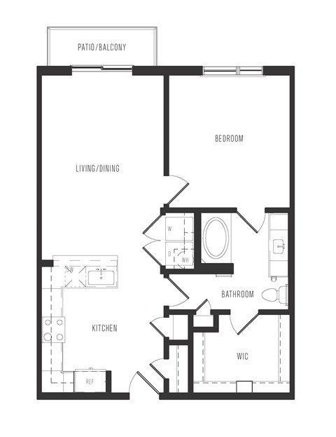 Floor plan for 1 bed, 1 bath, 797 sqft