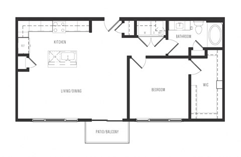 Floor plan for 1 bed, 1 bath, 794 sqft