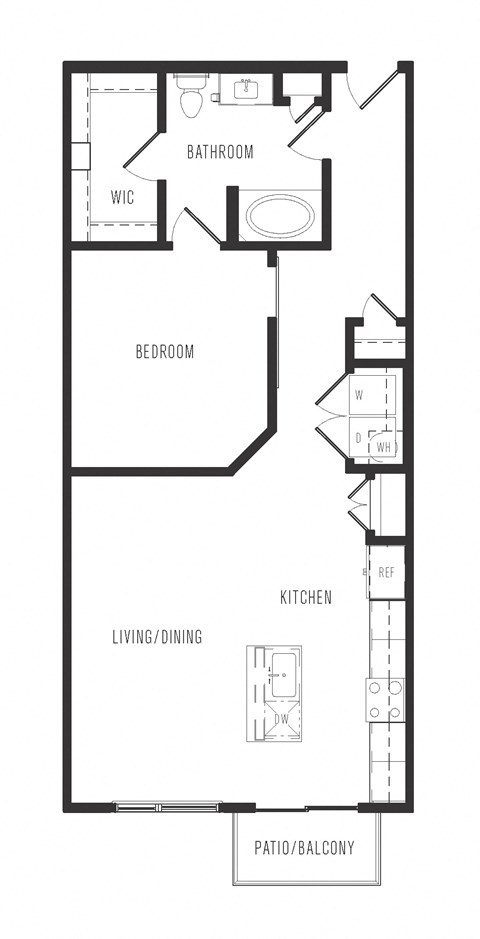 Floor plan for 1 bed, 1 bath, 857 sqft