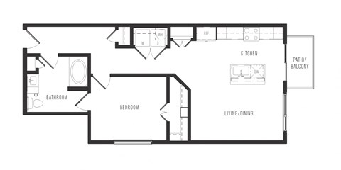 Floor plan for 1 bed, 1 bath, 743 sqft
