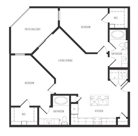 Floor plan for 2 beds, 2 baths, 1121 sqft