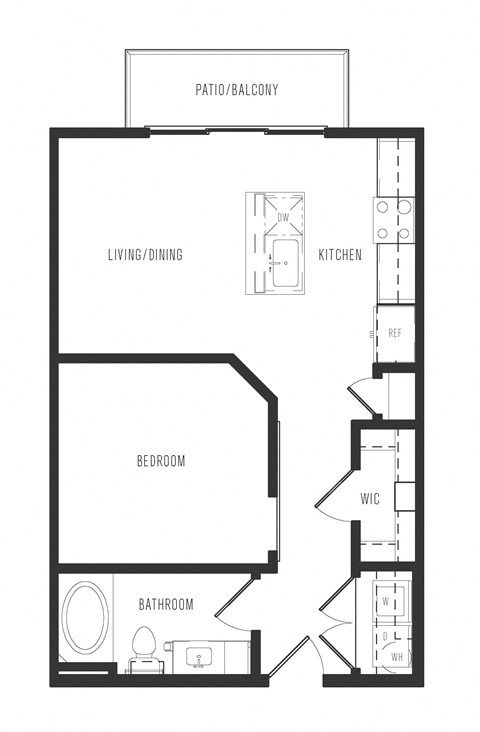 Floor plan for studio, 1 bath, 597 sqft
