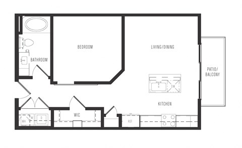 Floor plan for studio, 1 bath, 637 sqft