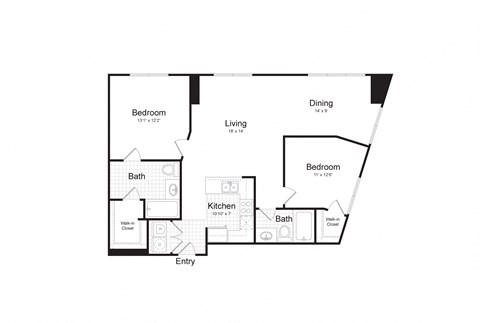 Floor plan for 2 beds, 2 baths, 1102 sqft