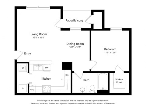 Floor plan for 1 bed, 1 bath, 680 sqft