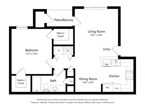 Floor plan for 1 bed, 1 bath, 735 sqft