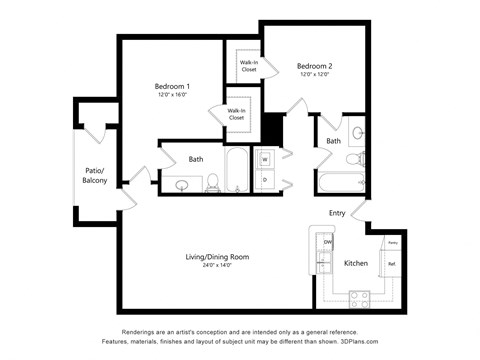 Floor plan for 2 beds, 2 baths, 987 sqft