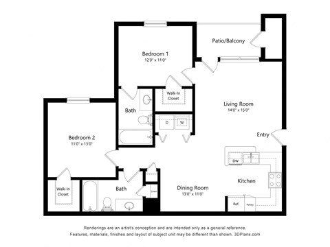 Floor plan for 2 beds, 2 baths, 987 sqft